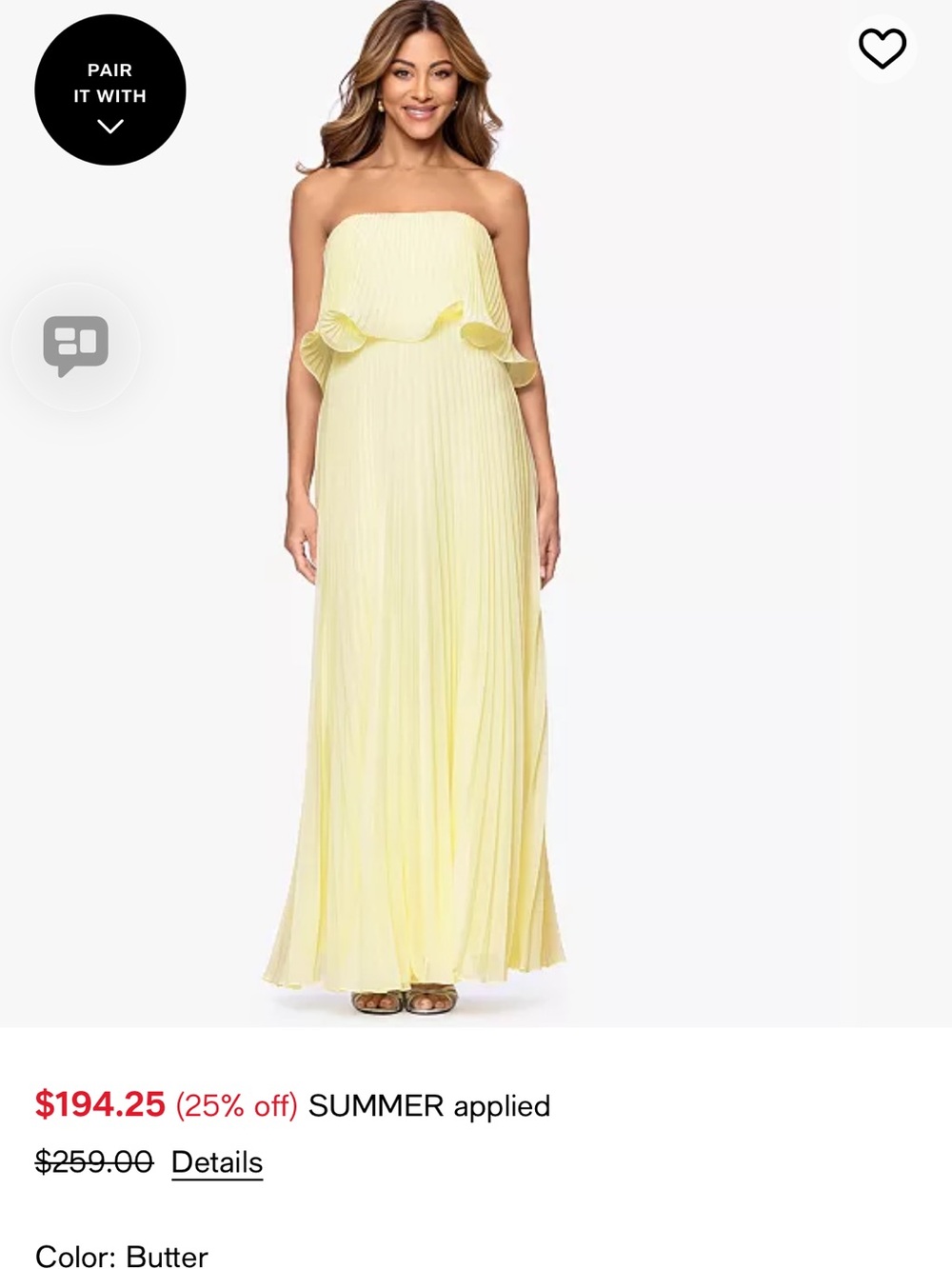 Betsy & Adam Strapless Pleated Maxi Dress in Butter Yellow